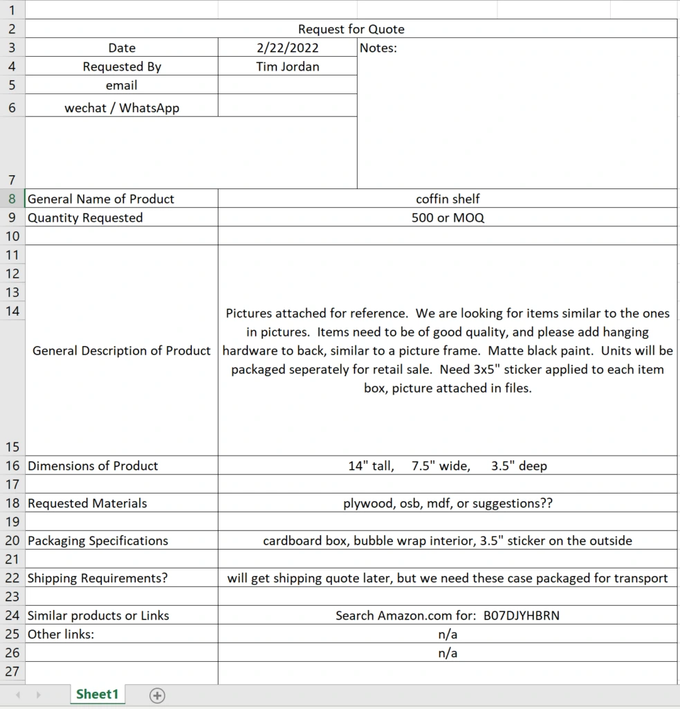 RFQ form