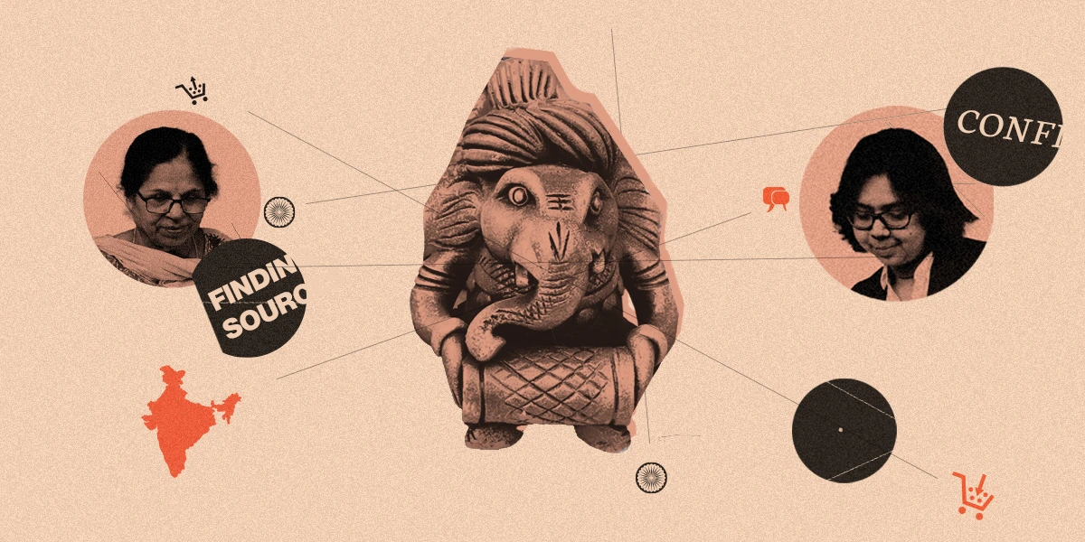 elephant figurine on pale orange background with words about product sourcing and two headshots of Indian women