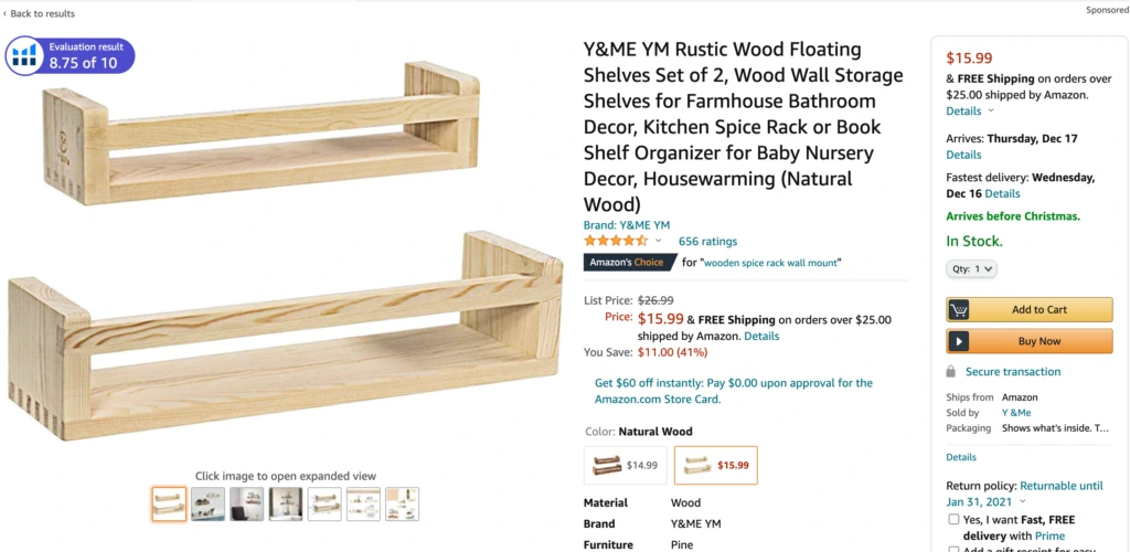 An Amazon listing for wood shelves