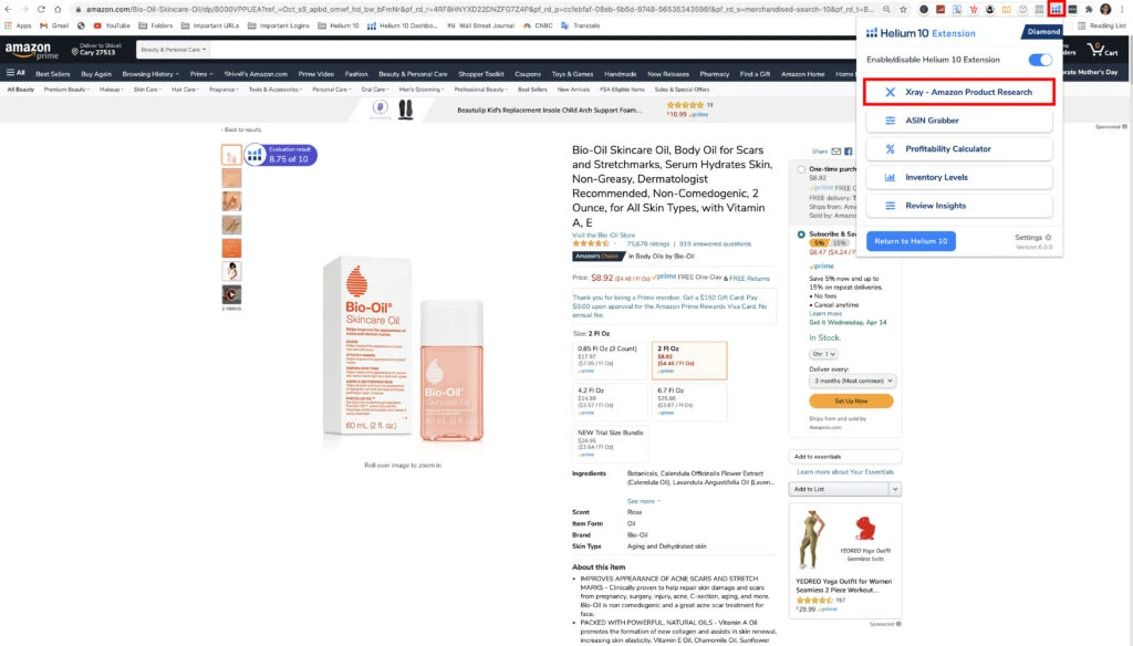 using xray, helium 10's product research tool on the skincare oil product page