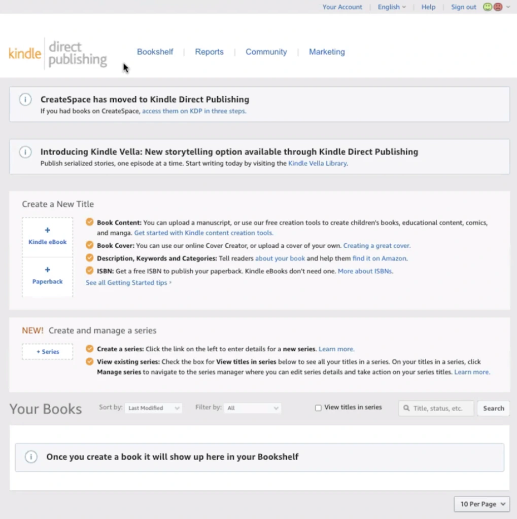View of CreateSpace dashboard in Kindle Direct Publishing