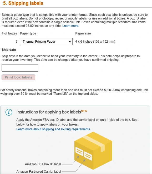 Shipping label options such as type of paper and shipping date