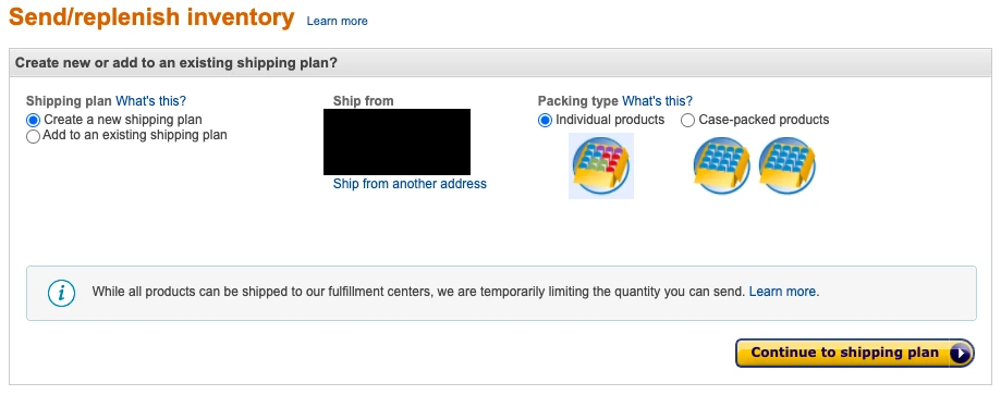 send/replenish inventory create new or add to an existing shipping plan options