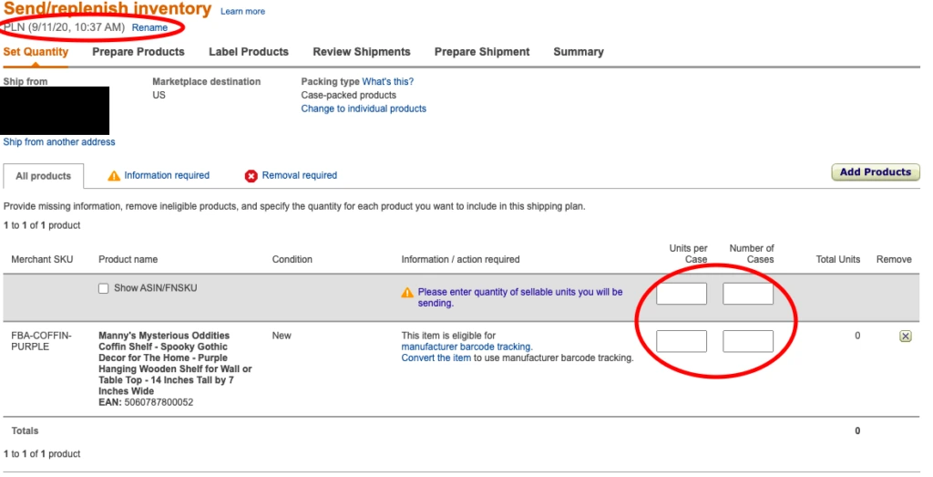 send/replenish inventory: Name your shipping plan and enter amount of cases and units