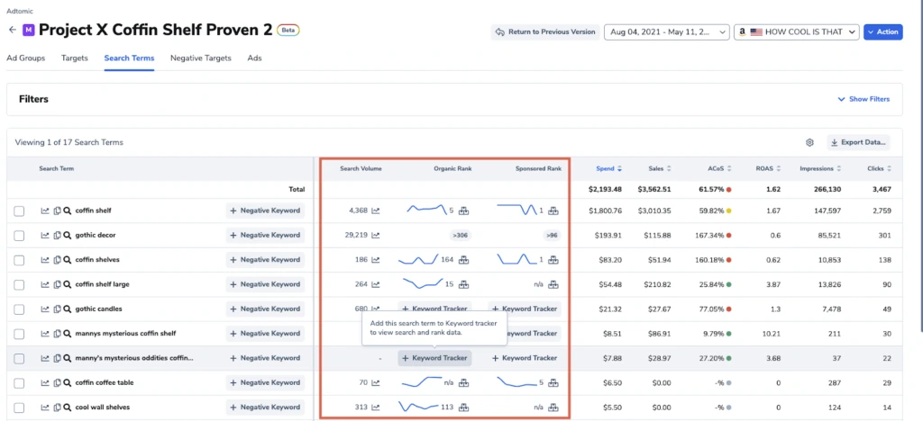 Helium 10 Adtomic with keyword tracker