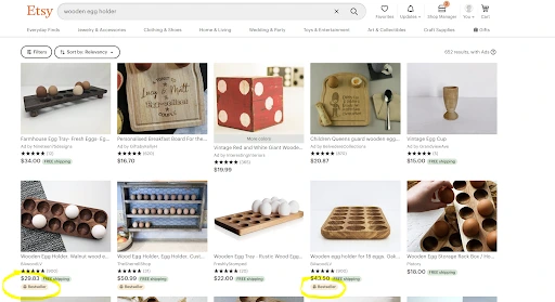 Screenshot of Etsy listings