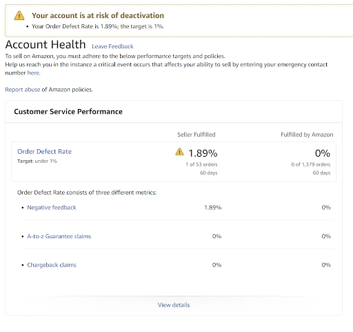 amazon account health with order defect rate