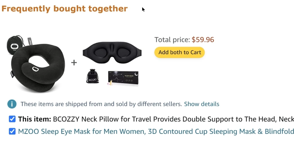 Frequently bough together example of a neck pillow and eye mask 