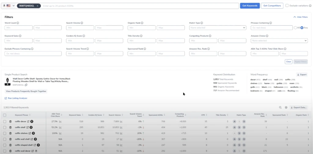 Amazon keyword research tool - Cerebro by Helium 10