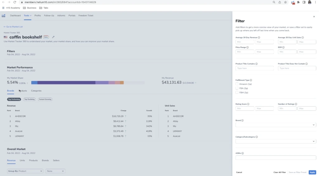 custom filters for Market Tracker 360