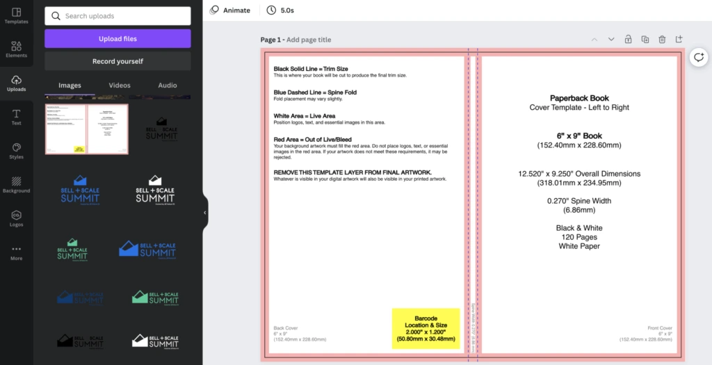 Uploading cover dimensions in Canva for self published book