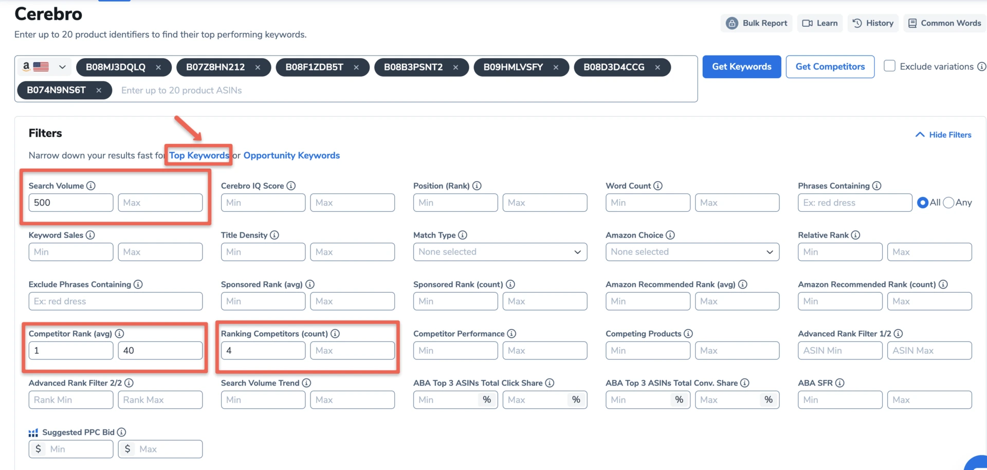 View of Cerebro's ASIN search of top keywords related to product