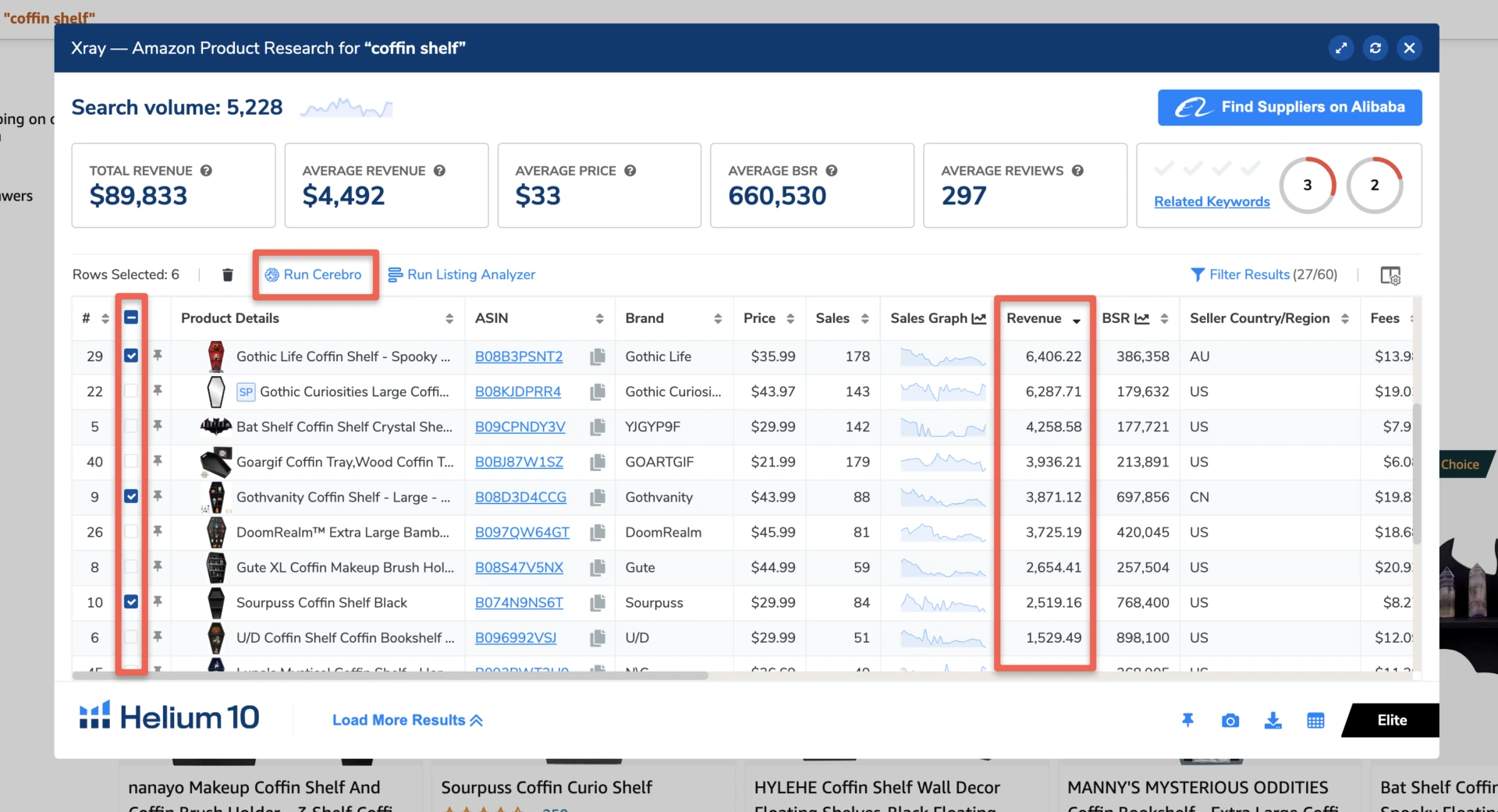 View of Xray Amazon Product Research for "coffin shelf"- revenue results 