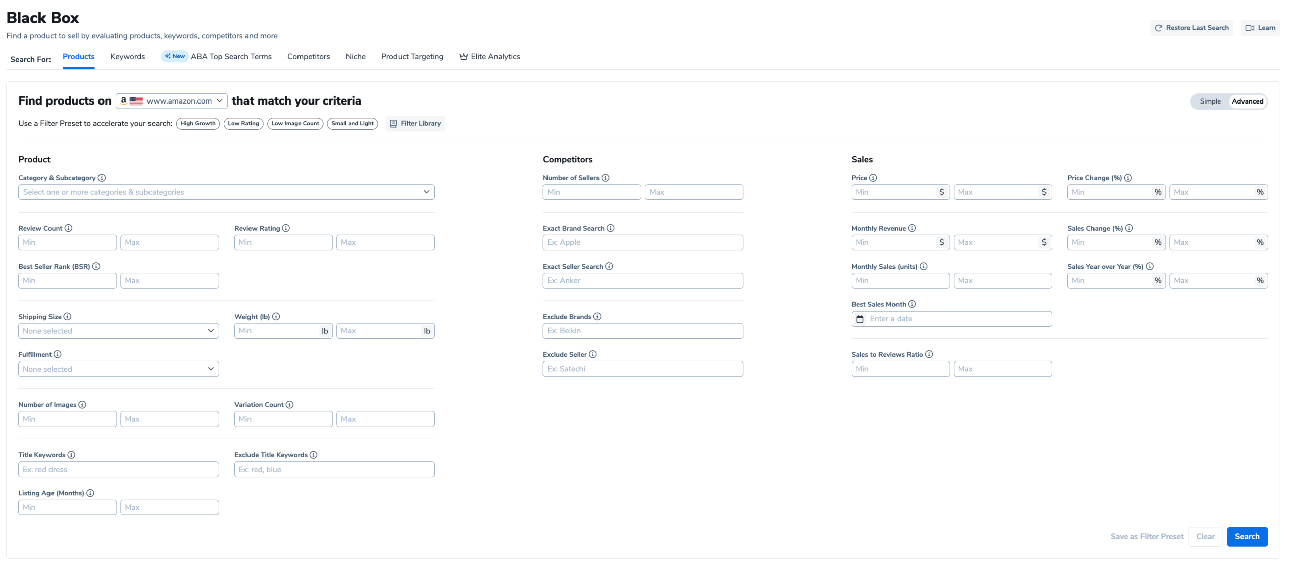 Products or keywords tab