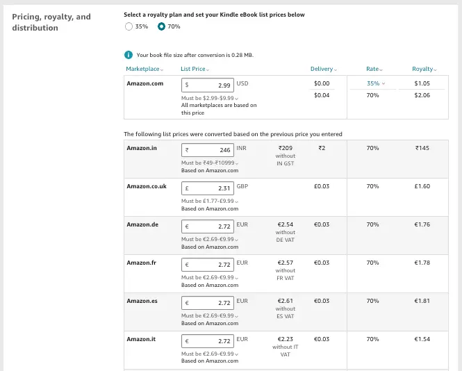 KDP pricing royalties and distribution