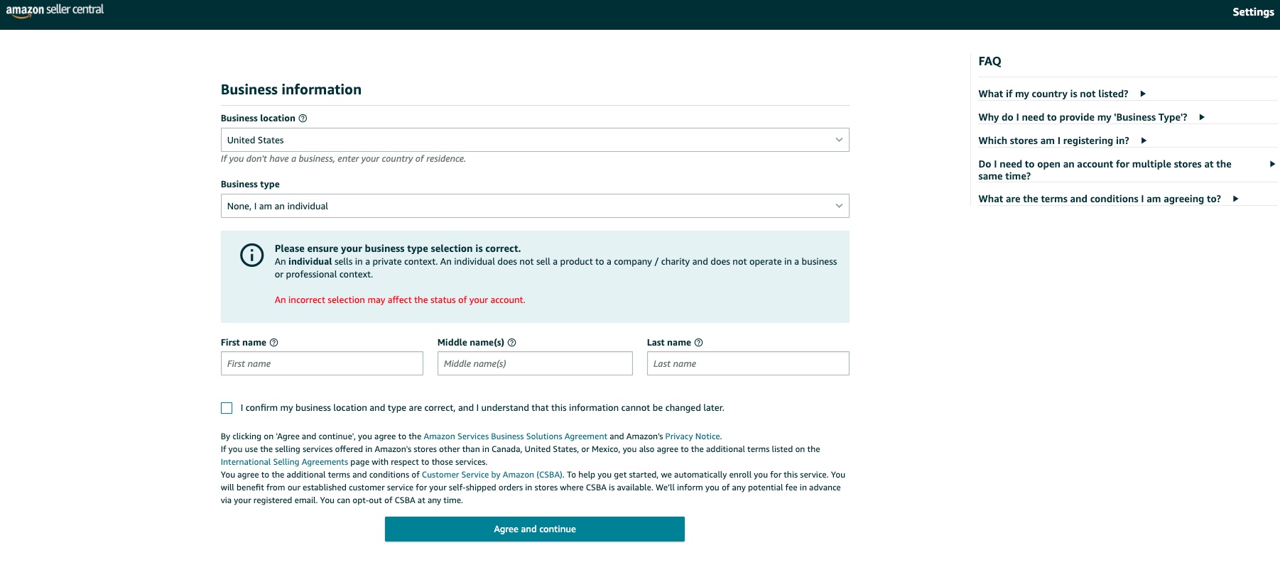 select your business information in your amazon seller account