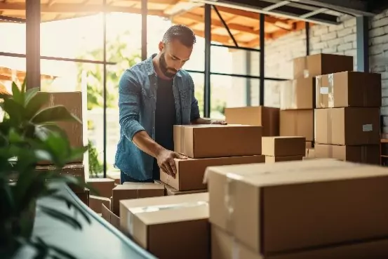 Man packing items into a box