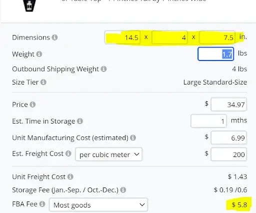 Amazon profit calc dimensions