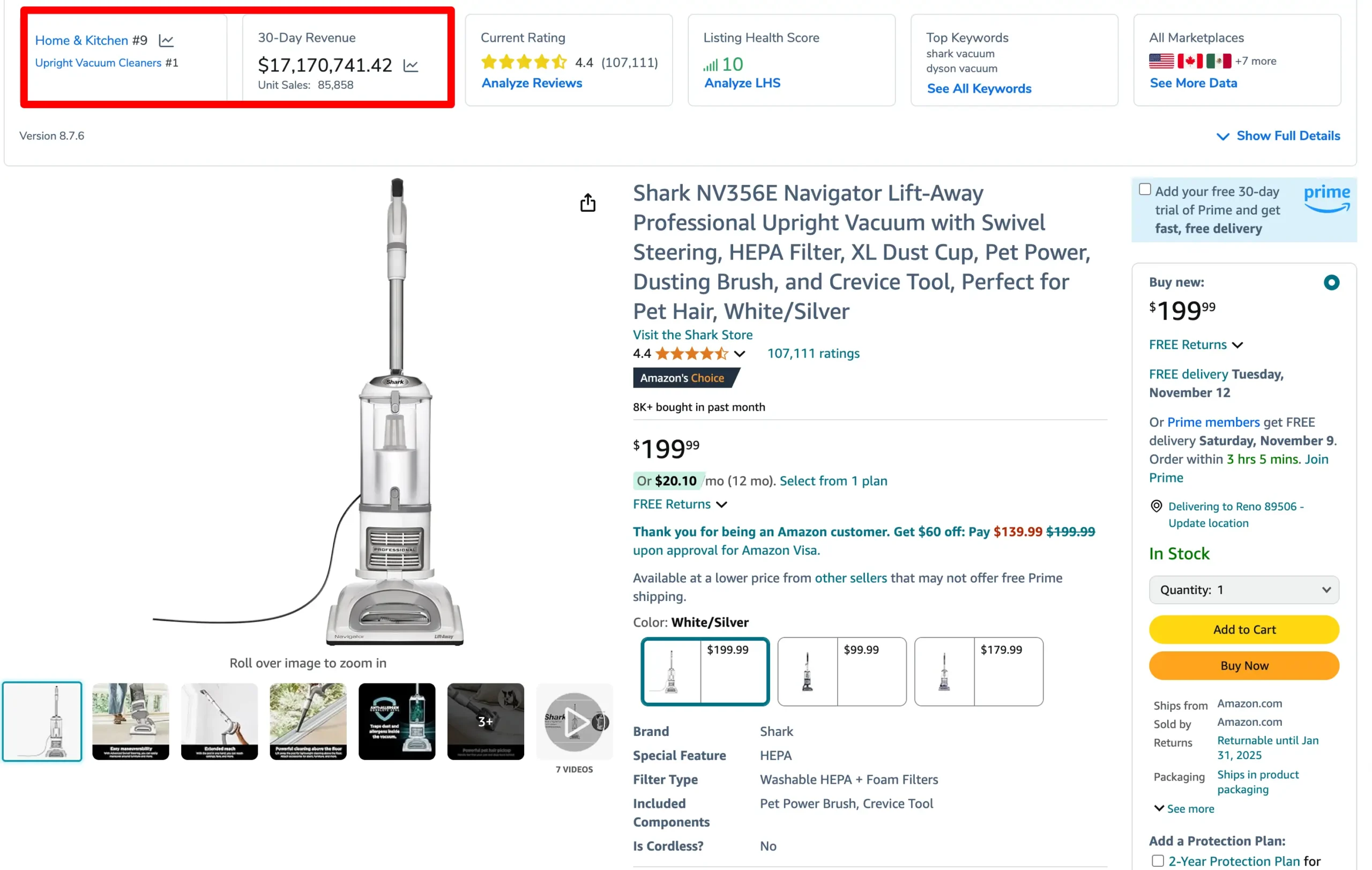 Amazon product summary for Shark vacuum